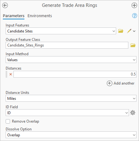 Configure parameters for the Generate Trade Area Rings tool.