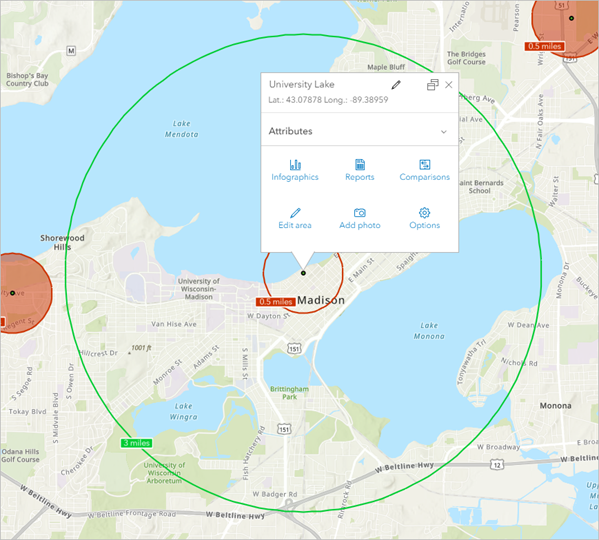 A 3-mile trade area ring is added to the site.