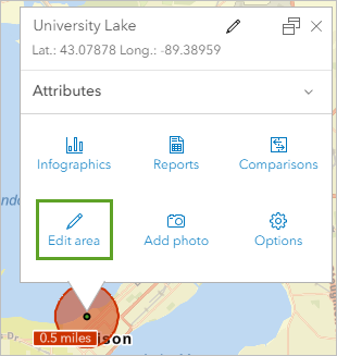 Edit area button in the University Lake pop-up