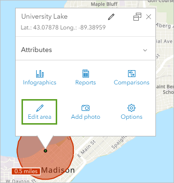 Edit area button in the University Lake pop-up