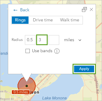 A 3-mile radius is added on the Rings tab.