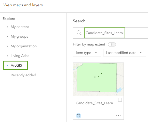 Search for Candidate_Sites_Learn layer in the Web maps and layers window