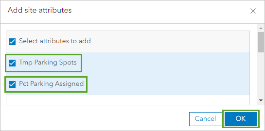 Attributes for parking checked in the Add site attributes window
