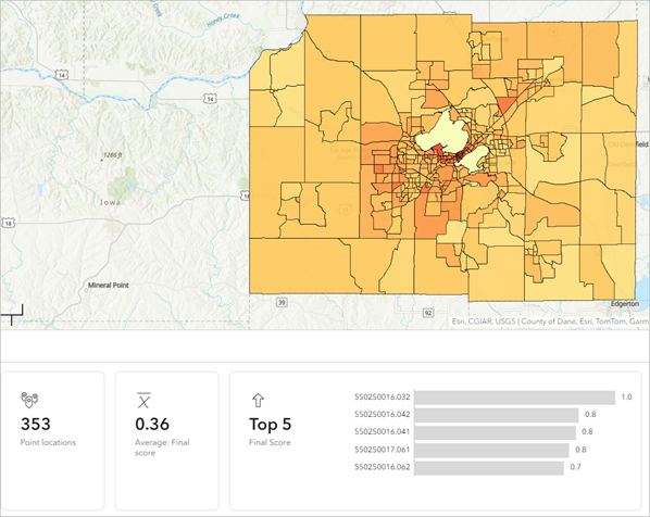 Suitability analysis results pane and map symbolized by Final score values