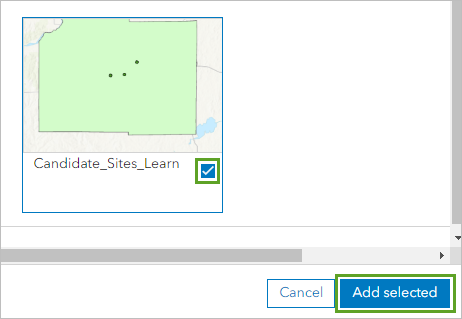 Candidate_Sites_Learn layer selected and the Add Selected button