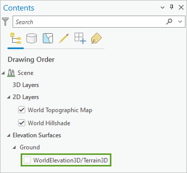 WorldElevation3D/Terrain3D elevation surface in the Contents pane