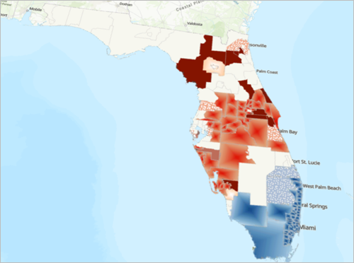 Scene showing the 2D emerging hot spot analysis results