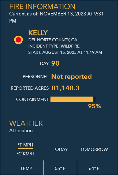 Information about the selected fire