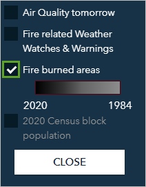 Fire burned areas layer turned on in the legend