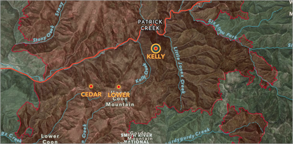 Map centered on the selected fire