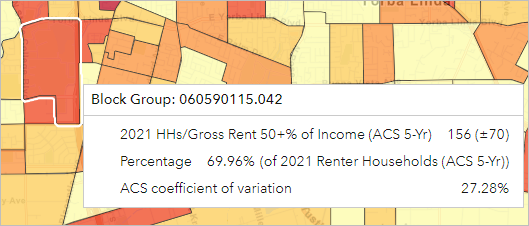 Pop-up showing the percentage of renters paying high rent