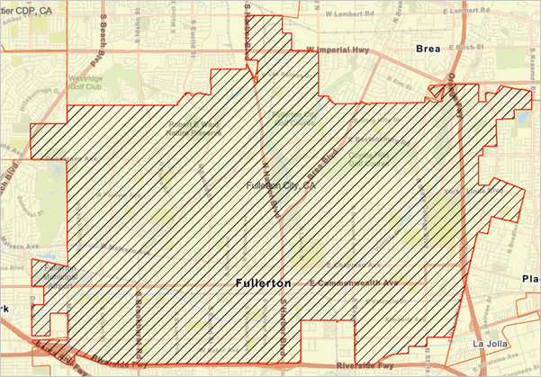 Fullerton city boundary on the map