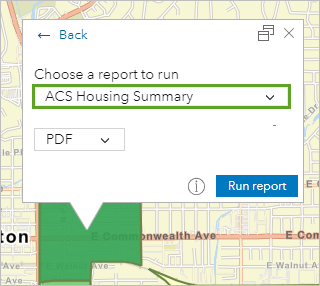 Choose a report to run set to ACS Housing Summary
