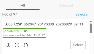 Image display card with cloudcover and acquisitiondate fields