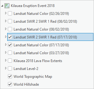 Contents pane with Landsat SWIR 2 SWIR 1 Red 07/17/2018 selected
