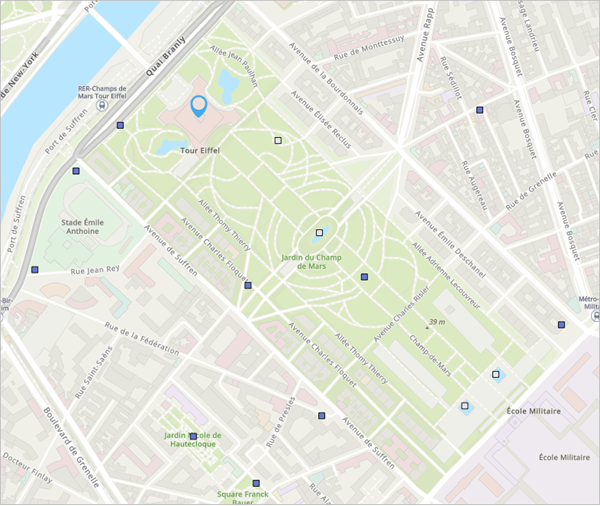 Map showing the fountains in Paris over the Topography basemap.