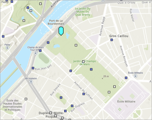 Map showing the fountains in Paris over the Topography basemap.