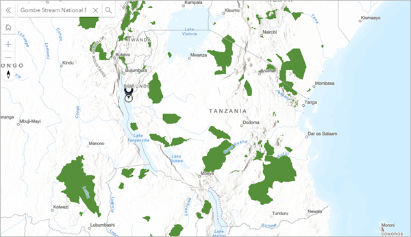 Map of Tanzania with a point over Gombe National Park