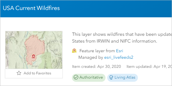 Item page for the USA Current Wildfires layer