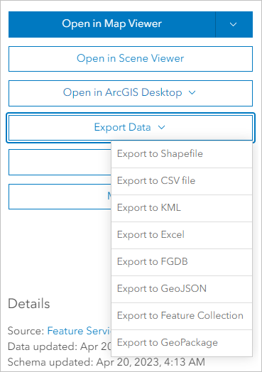 Export Data options
