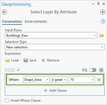 The expression Where Shape_Area is greater than or equal to 70 in the Select Layer By Attribute tool pane.