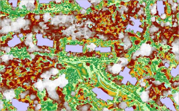 The nDSM layer rendered with the Histogram Equalize stretch type.