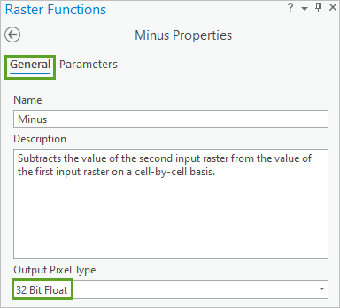 General tab with Output Pixel Type parameter