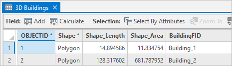 Attribute table for the 3D buildings