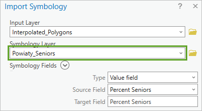 The Import Symbology tool with Symbology Layer set to Powiaty_Seniors