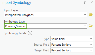 The Import Symbology tool with Symbology Layer set to Powiaty_Seniors