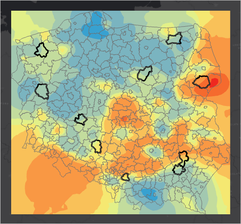 Orange and blue interpolated surface beneath powiaty outlines