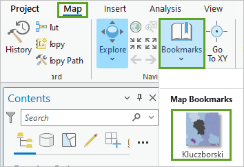 The Bookmark gallery opened from the Map tab of the ribbon