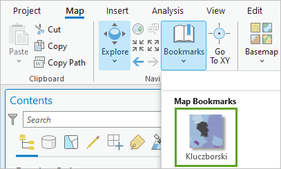 The Bookmark gallery opened from the Map tab of the ribbon