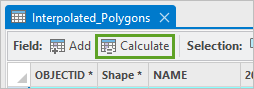 The Calculate button at the top of the attribute table. 10 rows are selected