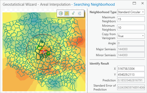 The Searching Neighborhood page of the Geostatistical Wizard with neighboring polygons highlighted