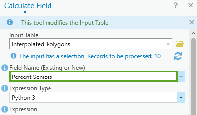 Calculate Field in the Geoprocessing pane, with Field Name set to Percent Seniors