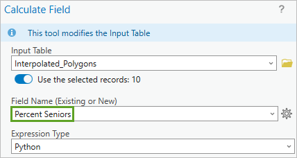 Calculate Field in the Geoprocessing pane, with Field Name set to Percent Seniors