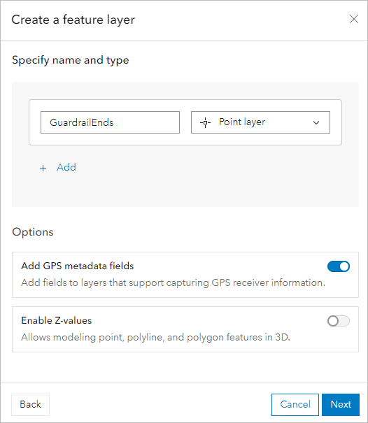 Layer name and Add GPS metadata fields option