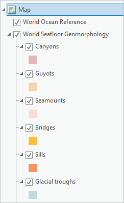 World Seafloor Geomorphology sublayers expanded in the Contents pane