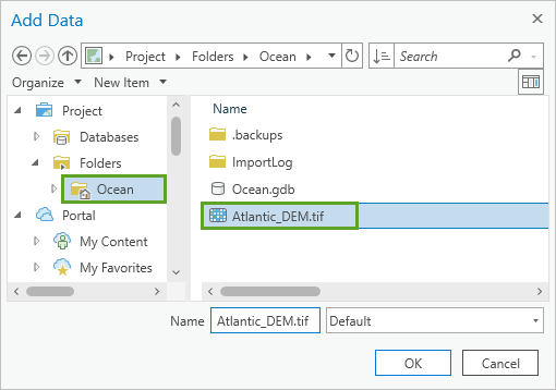 Atlantic_DEM.tif selected in the Add Data window