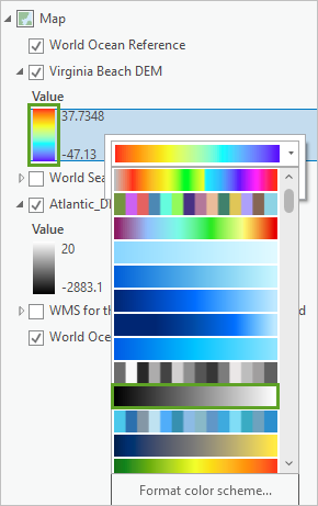 Black to White color scheme in the Virginia Beach DEM layer's color scheme menu