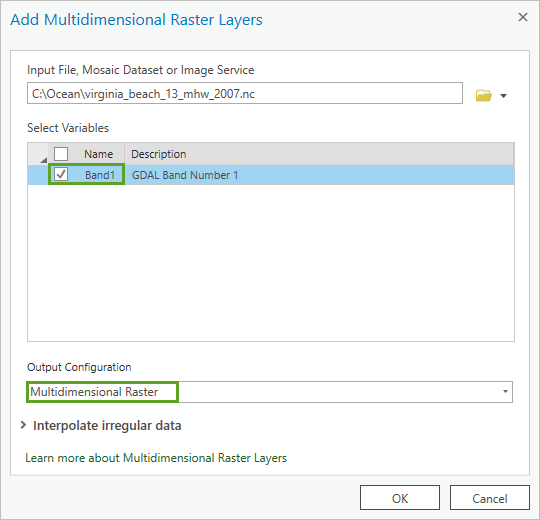 Add Multidimensional Raster Layers window