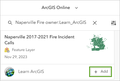 Add button for the Naperville 2017-2021 Fire Incident Calls layer