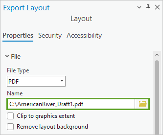 Name property and Browse button in the Export Layout pane