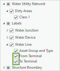 From Terminal and To Terminal label classes turned on in the Contents pane