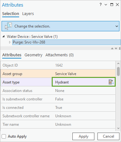 Asset type set to Hydrant in the Attributes pane