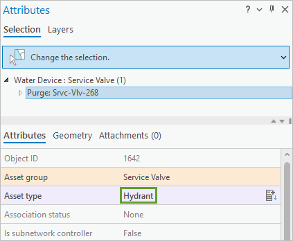 Asset type set to Hydrant in the Attributes pane