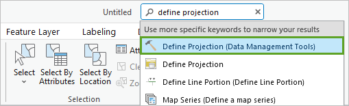 Define Projection tool in the Command Search menu
