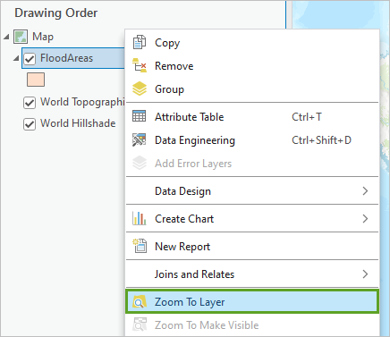Zoom To Layer option in the layer's context menu