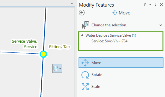 Selected service valve in the Modify Features pane